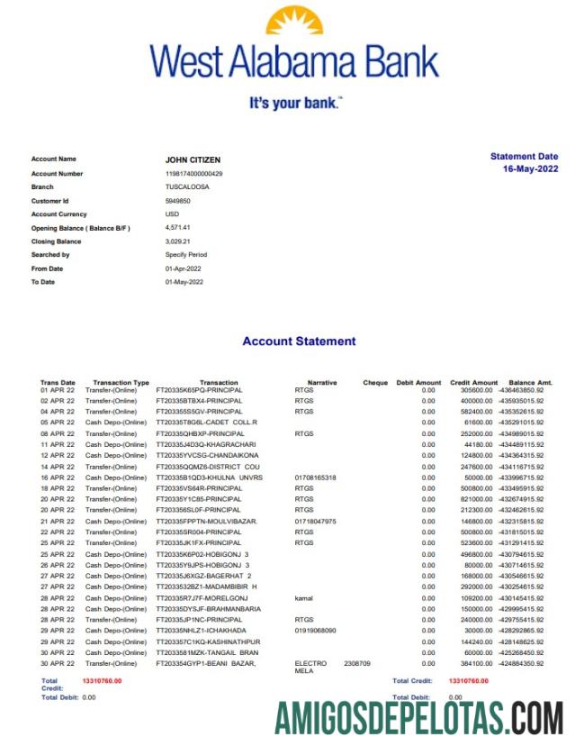 USA West Alabama modelo de extrato bancário